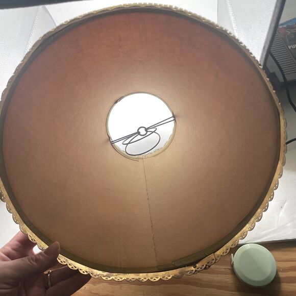 vtg lamp shade fabric with metal edges trim clip on mid century neutral empire - Picture 7 of 11
